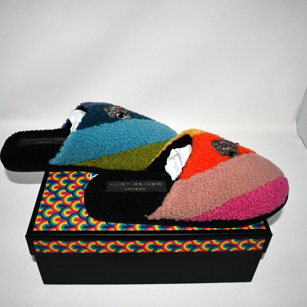 Kurt Geiger Kensington Faux Shearling Rainbow Logo Ornament Slippers in Multi 10 - Picture 4 of 7